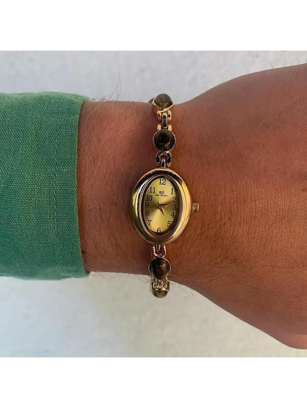Boho Indie Gold style tone quartz watch with glass brown jade stone opal
